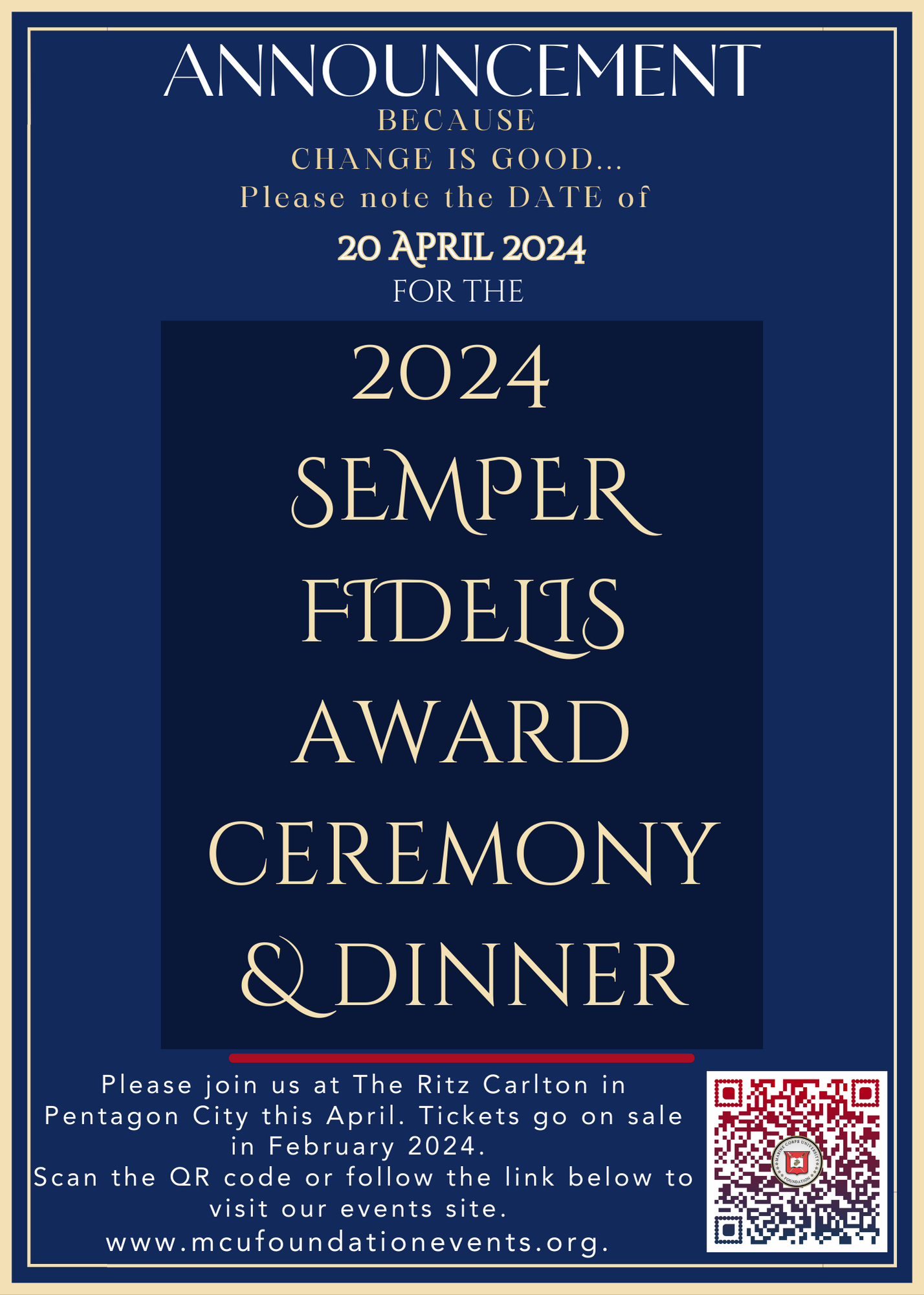 Save the Date! Semper Fidelis Award Dinner to be held April 20, 2024