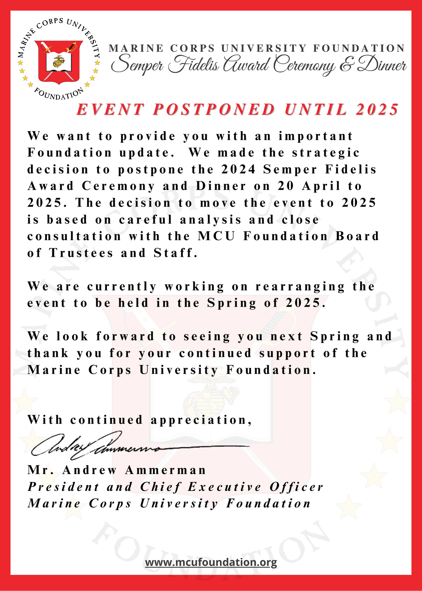 2024 Semper Fidelis Award Dinner Postponded until Spring 2025