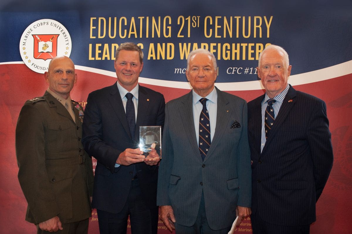 Left to right Gen Iiams, USMC, Mr. Nick Lane, Mr. Guy Wyser-Pratte, Vice Chairman MCU Foundation, and LtGen Richard Mills, USMC (Ret), Chairman, MCU Foundation